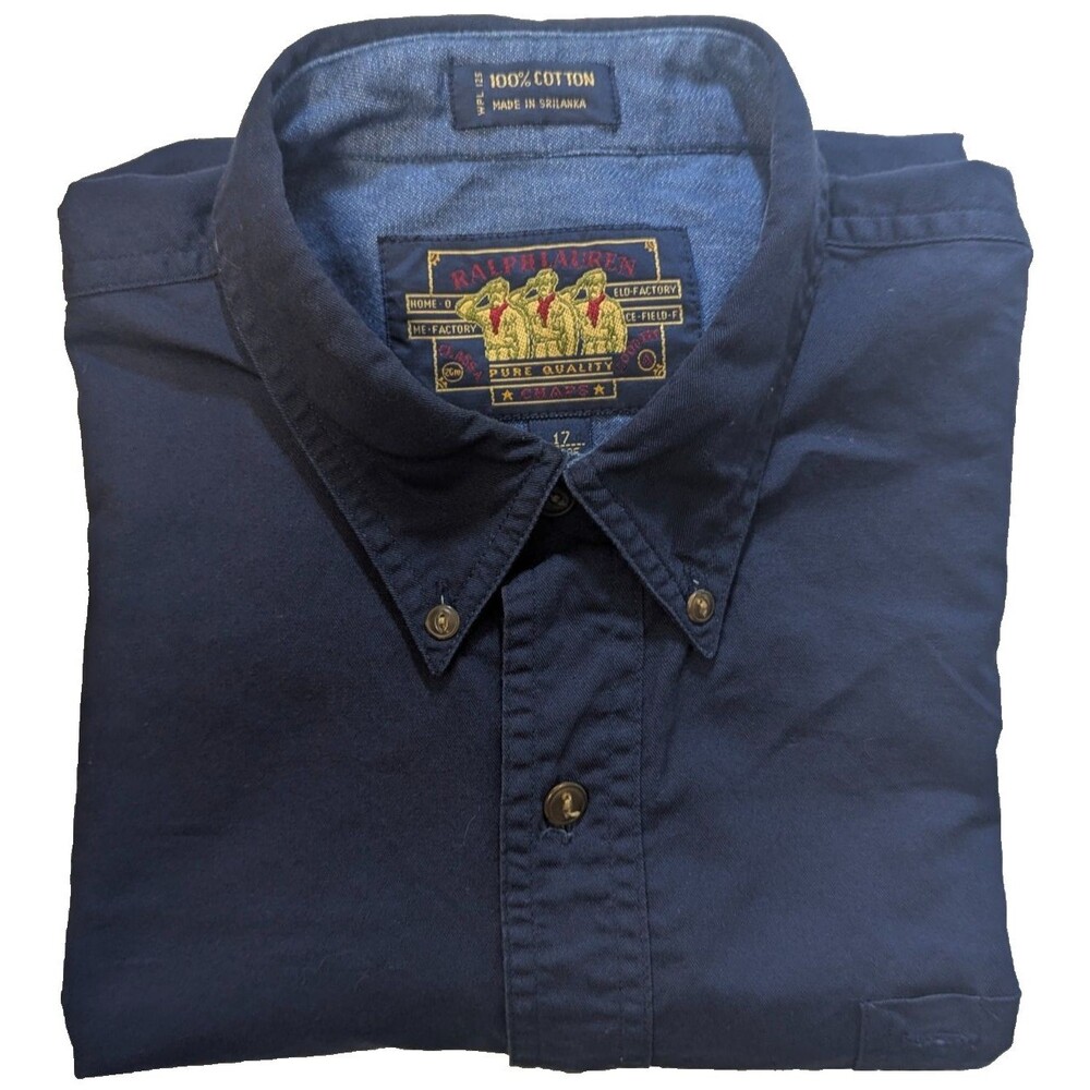 VTG Chaps Ralph Lauren Men's L/S Shirt 17 34/35 Navy Blue Cotton Twill 80s 90s